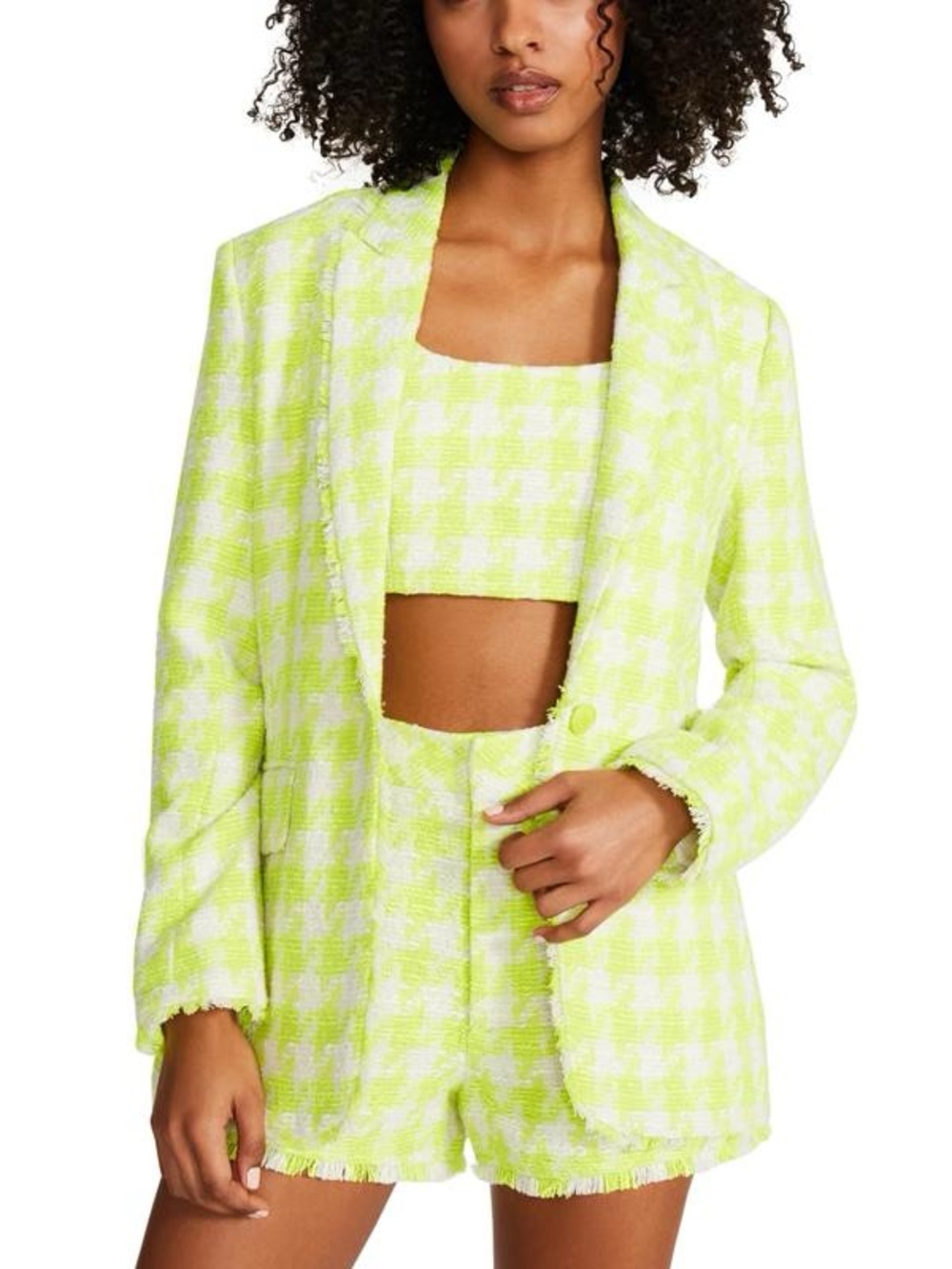 SET - Steve Madden Neon Yellow Houndstooth Tweed Blazer & Shorts
